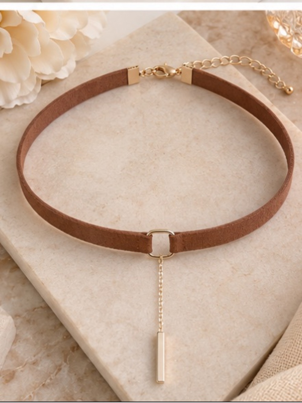 Brown Faux Leather Choker Necklace Bar Pendant - Picture 5 of 9